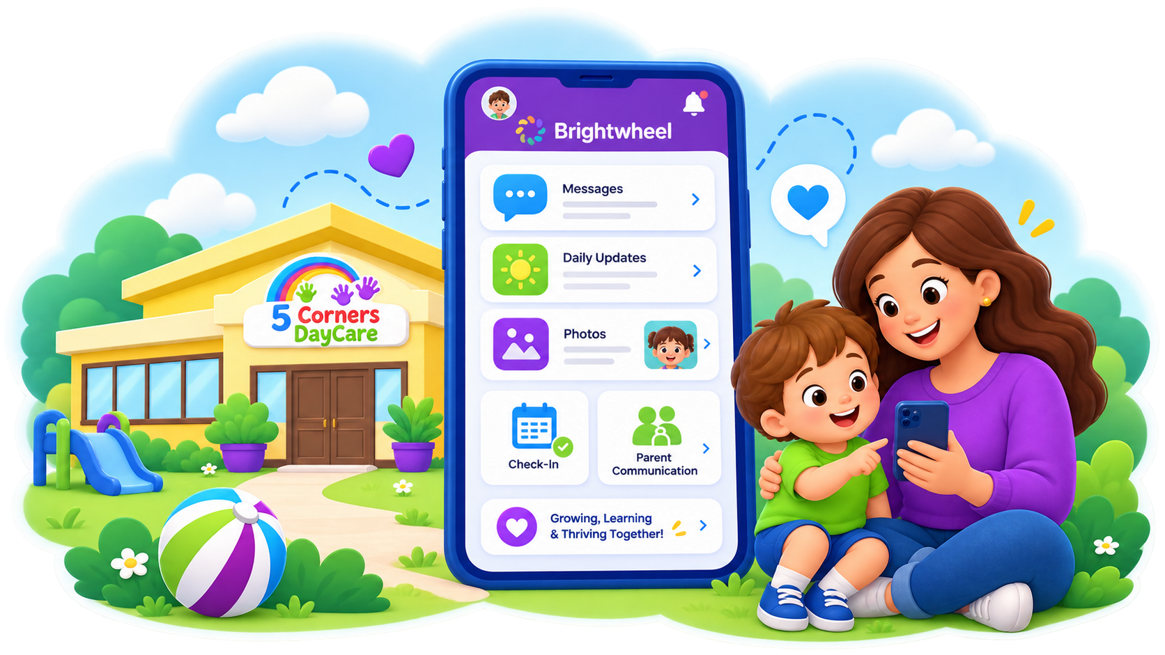 Illustration showing Brightwheel communication between daycare and families